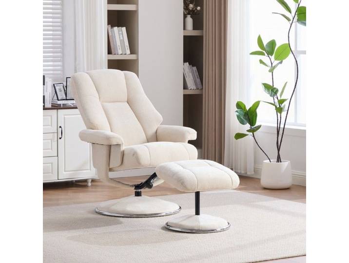 Fauteuil inclinable pivotant chenille beige avec repose-pieds base métallique design nordique 78x79x112cm