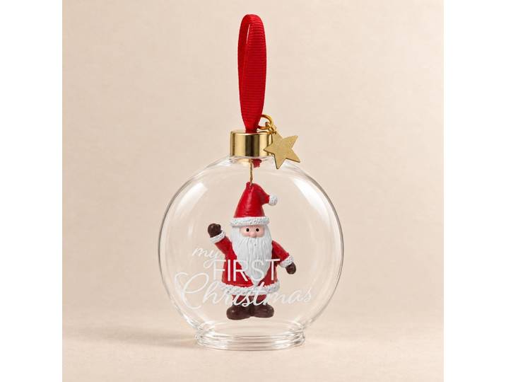 Weihnachtskugel aus durchsichtigem Glas und rot-weißer Weihnachtsmann