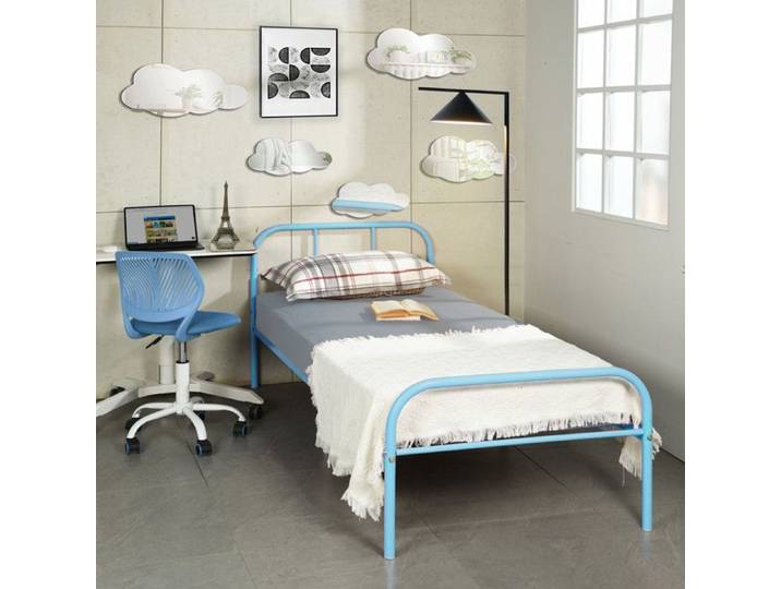 Cadre de lit métallique simple - FURNITURER - 81.5x198.5cm - Bleu - Tête et pied de lit - Base en fer robuste