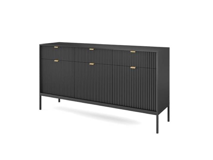 Lomadox Kommode Sideboard 154cm breit, schwarz, Fußgestell schwarz, Griffe goldfarben