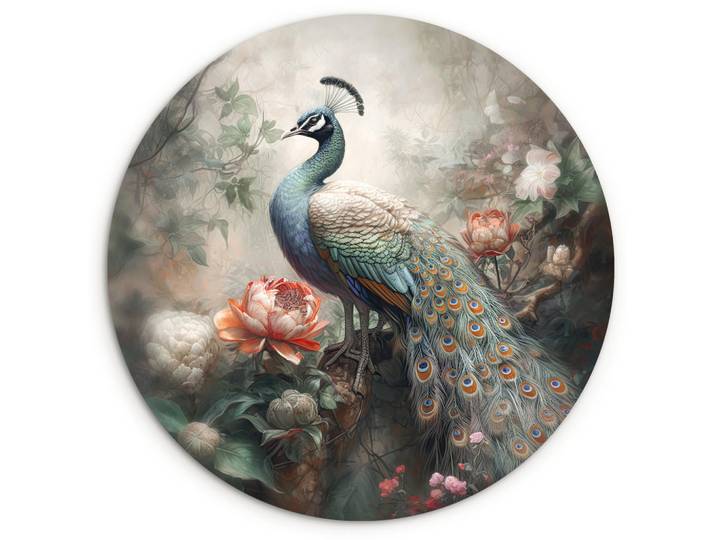 MuchoWow Wandbild Pfau - Pfauenfedern - Vogel - Dschungel - Blumen Wandbild 120x120 cm, Smaragdgrün, Kunststoff, Rund, 120x120 cm, einfache und schnelle Anbringung, Bilder & Rahmen, Bilder, Sonstige Wandbilder