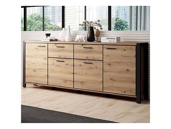 Lomadox Großes Wohnzimmer Sideboard in Taurus Eiche Nb. mit schwarzem Gestell, B/H/T: ca. 213/91/41 cm