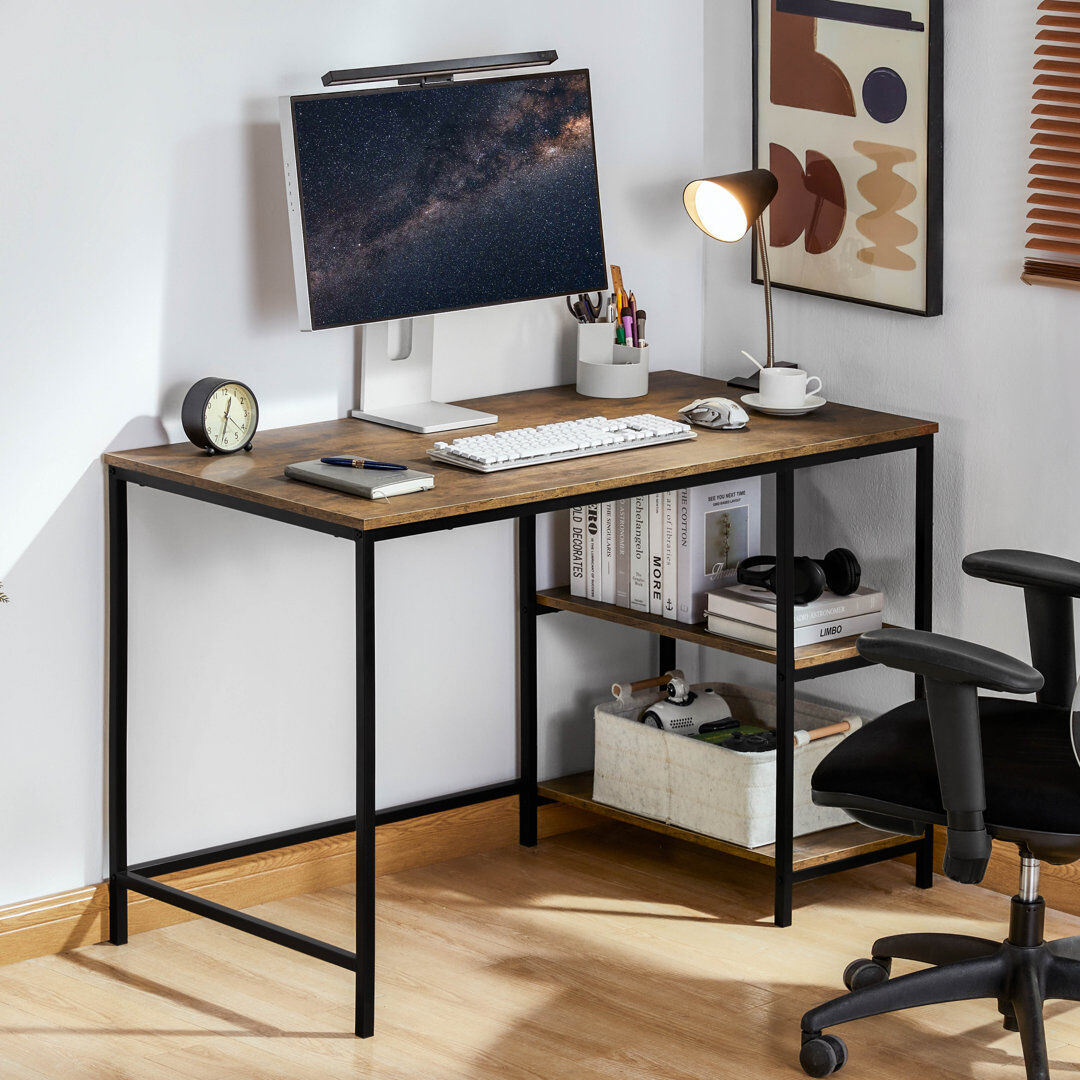 Borough Wharf Sylvie Industrial Style Computer Desk With Storage Shelves and Metal Legs Home Office Workstation Brown 120cm W X 60cm D