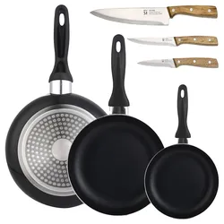 BERGNER - Set aus 3 Pfannen Ø16/20/24cm aus gepresstem Aluminium in schwarz mit Set 3 Edelstahlmesser