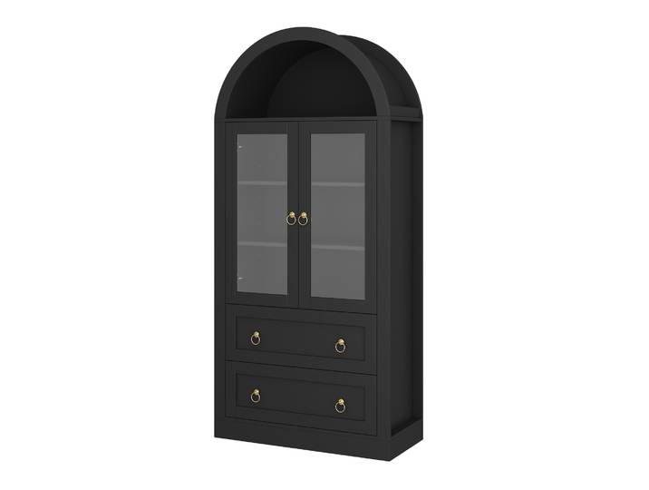 Buffet Haut Cintré Avec Portes Vitrées Et Tiroirs 80x36x170 Cm En Aggloméré Noir Modenuit