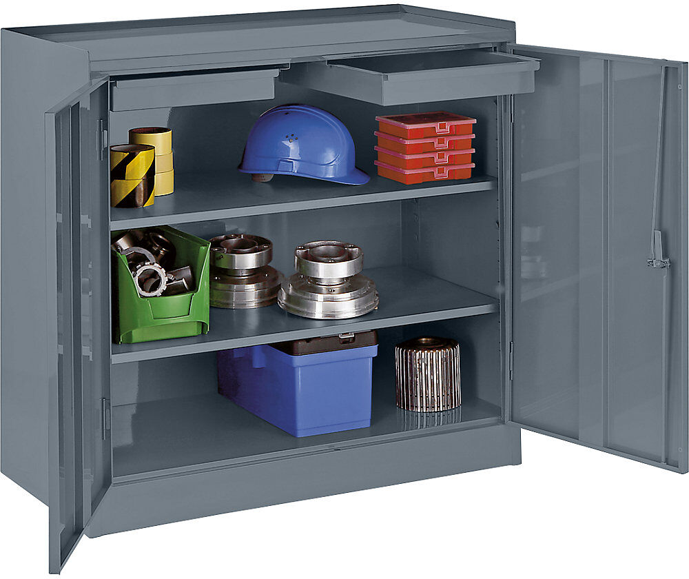 Werkzeugschrank, mit 2 Schubladen, 2 durchgehenden Fachböden, blaugrau RAL 7031 eurokraft basic