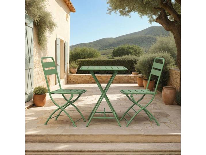 Ensemble table + 2 chaises de jardin pliable en métal vert - BACA