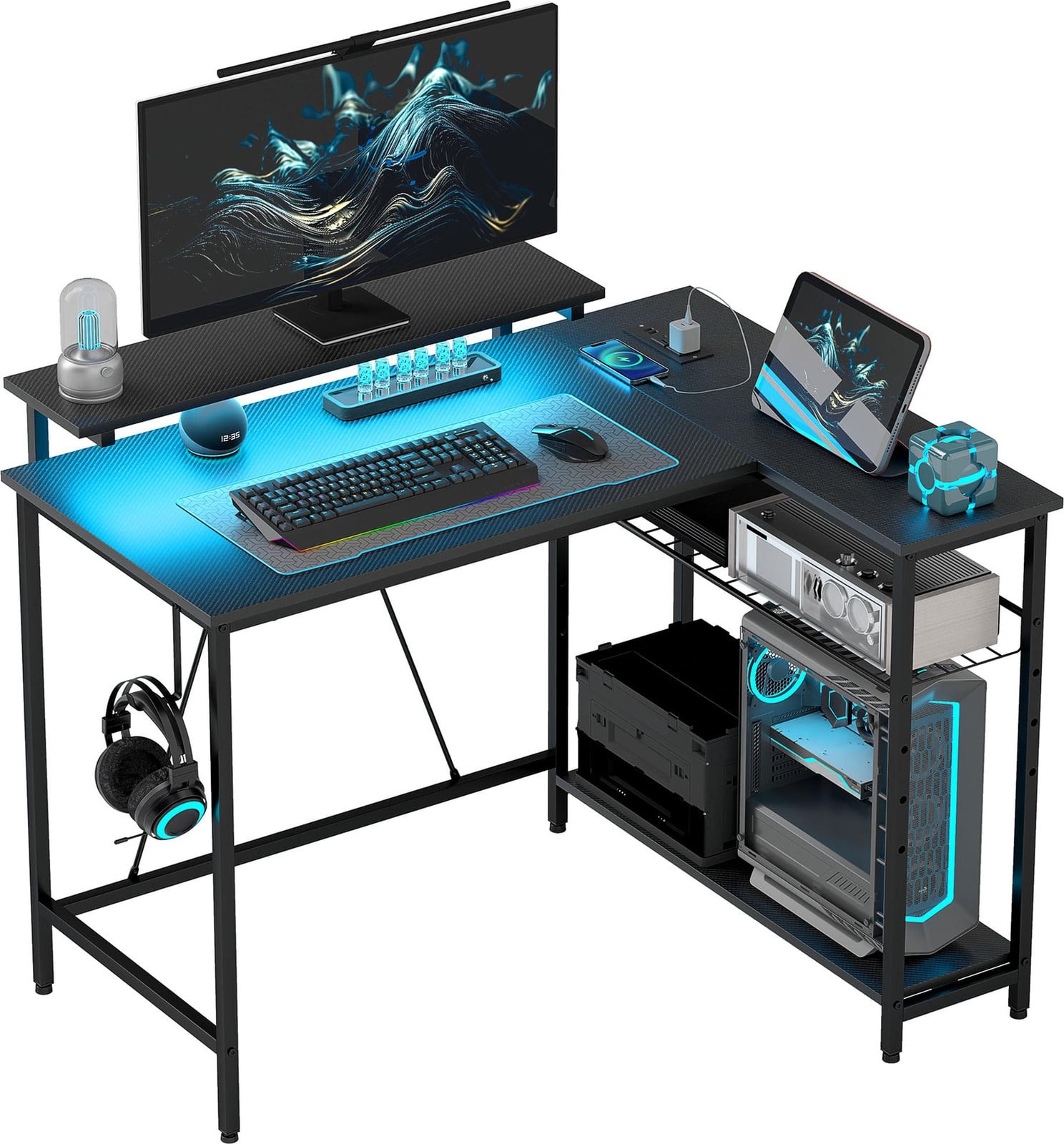 HOMCOM L-vormig bureau met LED-verlichting, stopcontacten, USB-poorten en monitorstandaard