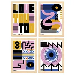 POSTER Set mit 4 Abstrakte Kubismus Liebe Ästhetische A3 Rahmen aus hellem Holz