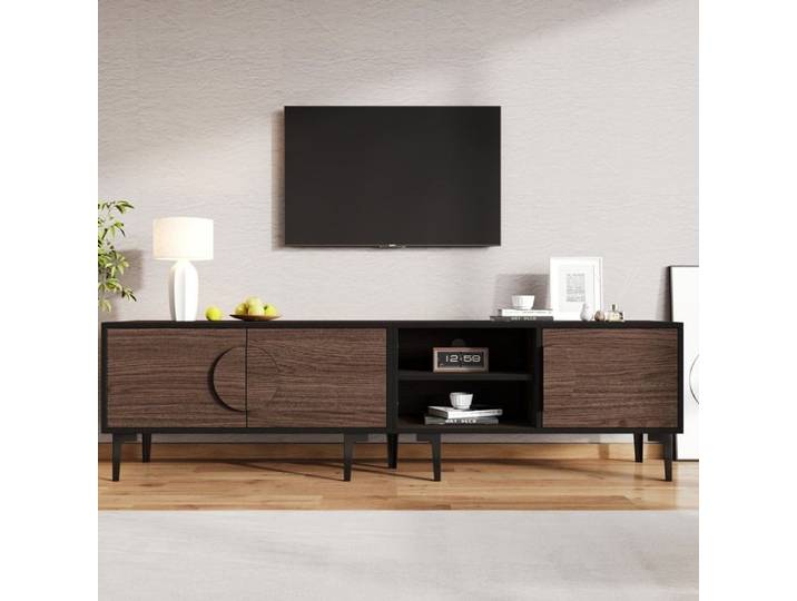 Meuble TV bas 180x35x49 cm Meuble de rangement salon avec 3 portes 2 compartiments pour télé 80 pouces - noyer foncé