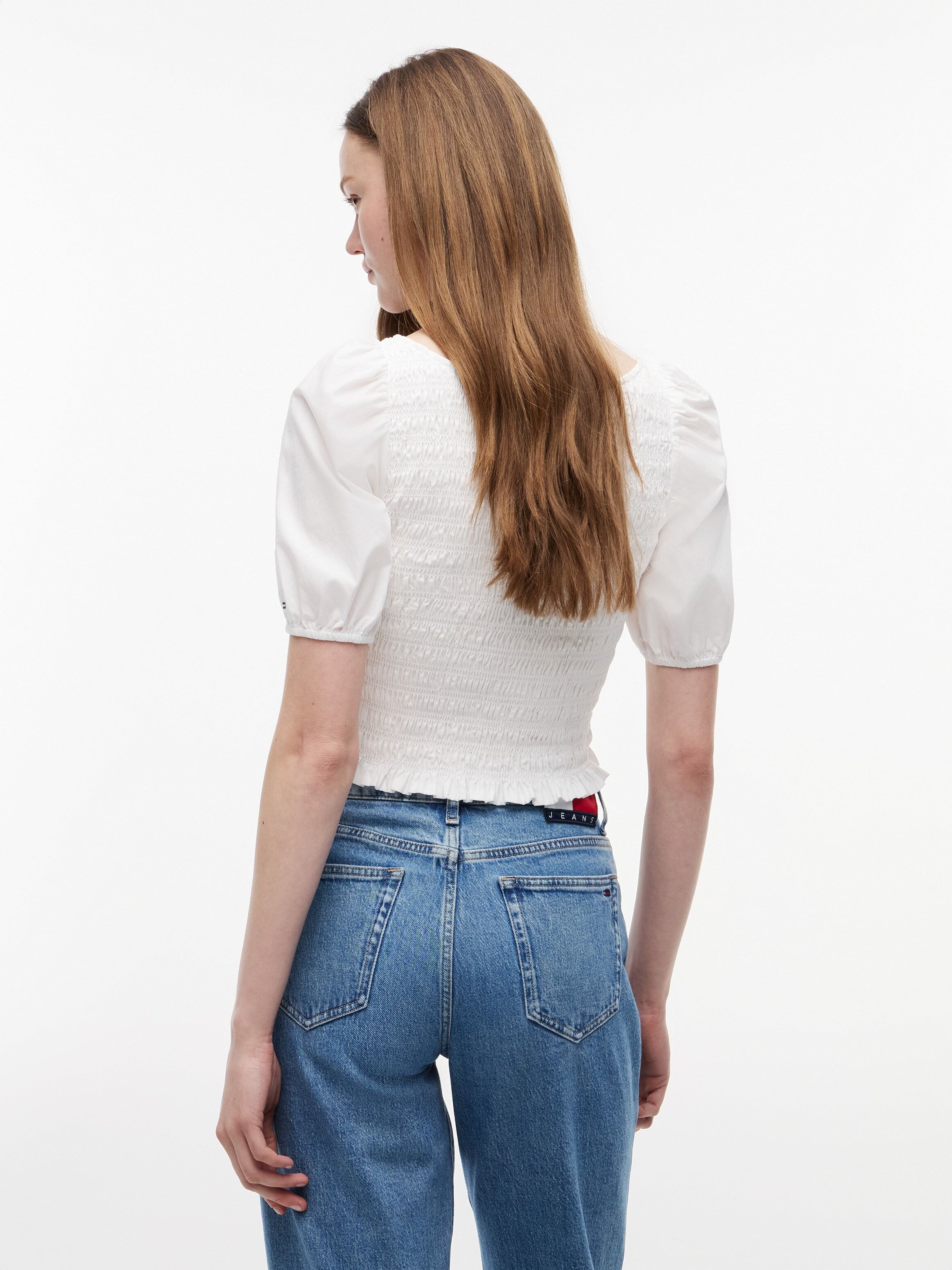 Kurzarmbluse TOMMY JEANS "TJW SMOCKED SS BLOUSE", Damen, Gr. M (40), ecru, Web, Obermaterial: 100% Baumwolle, unifarben, taillenlang, U-Boot-Ausschnitt, elastischer Bund, Blusen Kurzarmbluse, Baumwolle, Puffärmel ecru M (40)