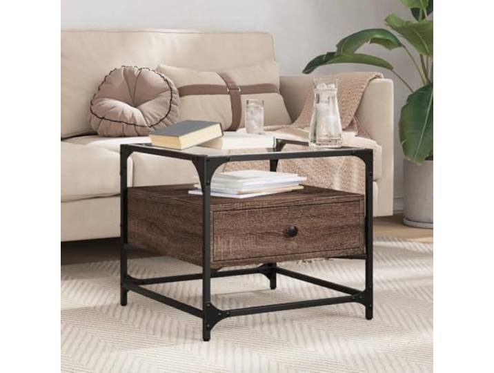 HEFZGDB Couchtisch mit Glasplatte Braun Eichen-Optik 50x50x45 cm Stahlgestell, Langlebiger Wohnzimmertisch mit Edelstahlgestell und pflegeleichter Oberfläche, Robuster Beistelltisch