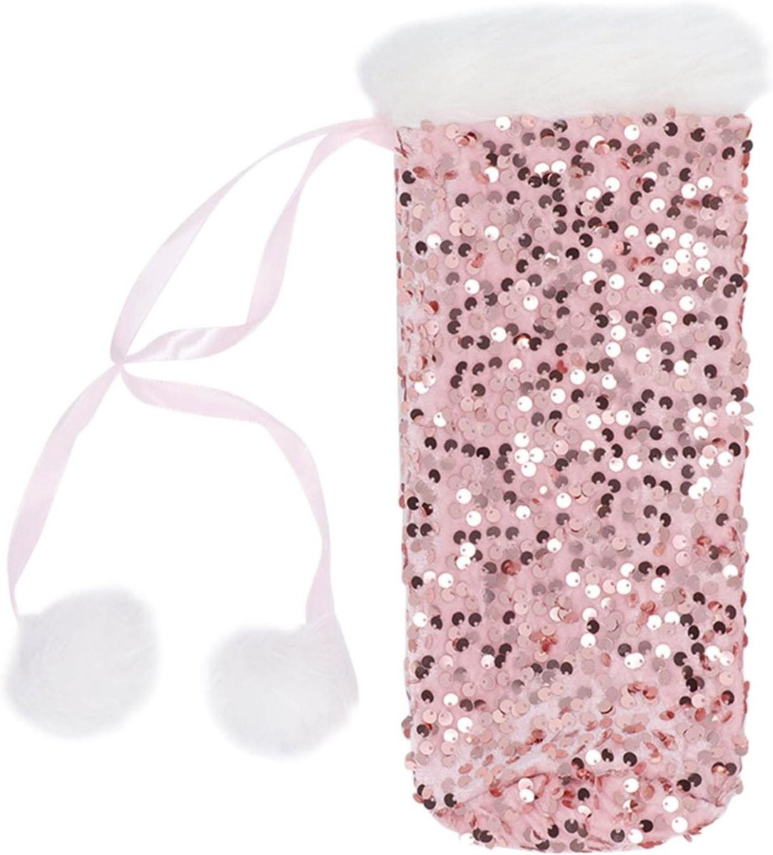 Roségouden kerst wijnfleshoes van glanzend sequin materiaal, 28 cm hoog