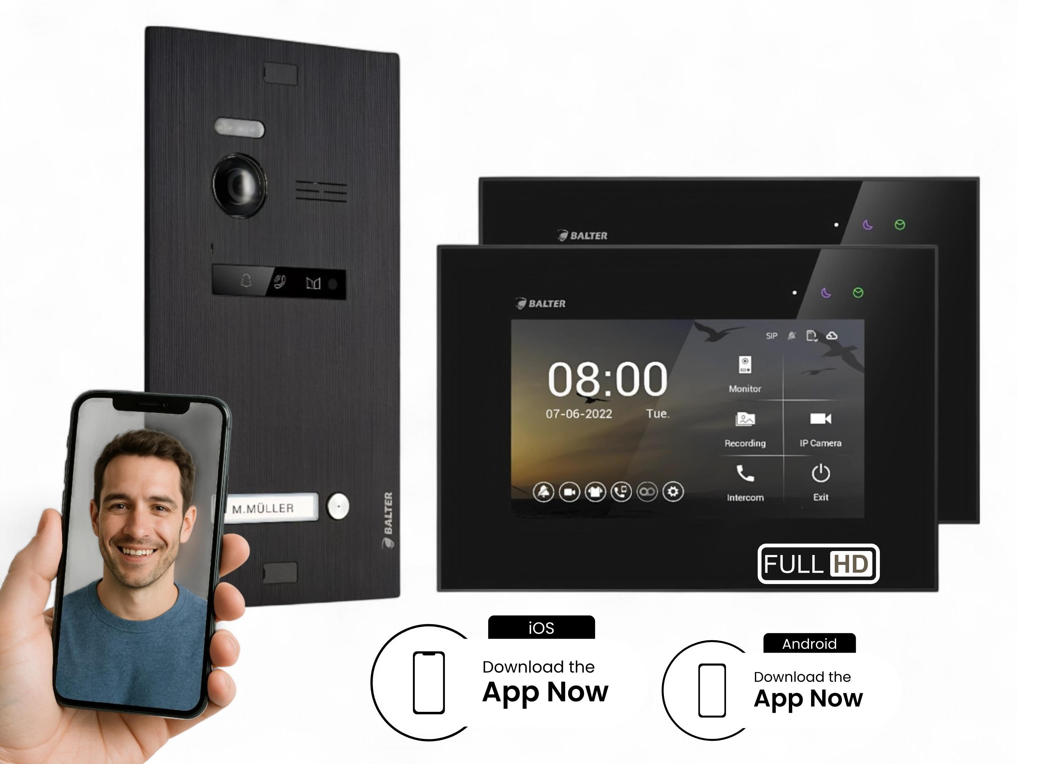 HD WLAN Video Sprechanlage BALTER EVO für 1-Familienhaus, 2x Monitor, mit Smartphone App Schwarz-Schwarz