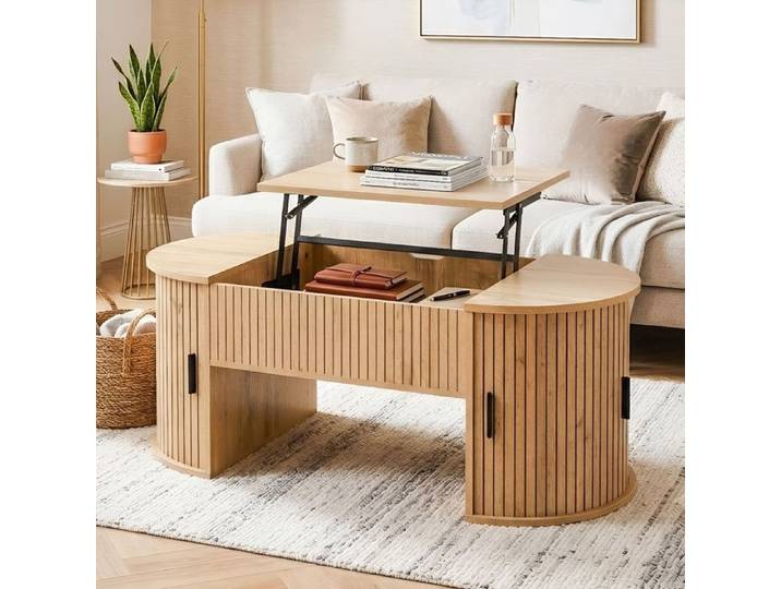Table Basse Ovale - 100x50x40.5cm - Plateau Relevable - Espace Stockage Caché - MDF Chêne