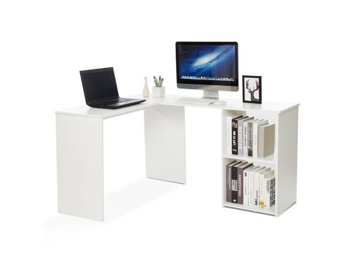 Bureau d'angle avec Rangement 2 Étagères bureau informatique bureau d'ordinateur Bois Blanc-Mondeer