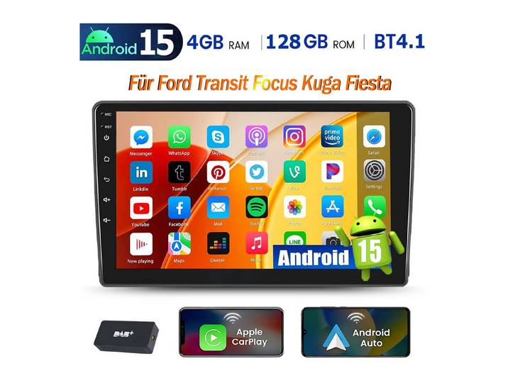 ESSGOO 9'' DAB+ Für Ford Transit 2006-2014 Android15 Autoradio GPS Carplay BT Autoradio (RDS, BT, 4+64GB(optional), Digitalradio (DAB), FM, GPS, Apple Carplay Android Auto GPS Navi WIFI BT 4.1 EQ RDS SWC)