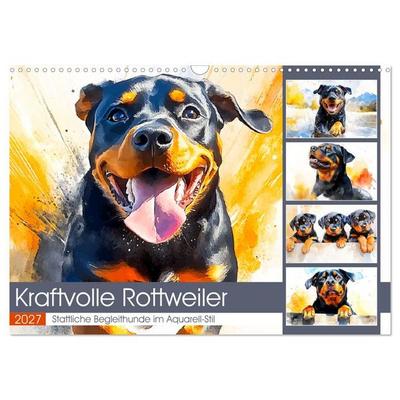 Kraftvolle Rottweiler. Stattliche Begleithunde im Aquarell-Stil (Wandkalender 2027 DIN A3 quer), CALVENDO Monatskalender