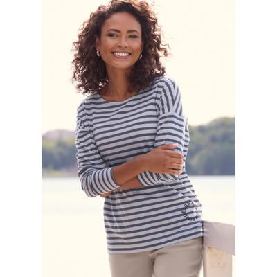 Langarmshirt ELBSAND "Tooske", Damen, Gr. S, grau (marine, blau gestreift), Jersey, Obermaterial: 50% Baumwolle, 50% Polyester, gestreift, figurumspielend hüftlang, Rundhals, Shirts Langarmshirt, mit Ringelmuster, dezenter Logodruck, casual