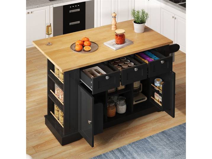 Ilot Central Cuisine avec Rangement et Plan de Travail Desserte à Roulettes Cuisine avec Prise Porte-Serviettes Noir 132×70×87cm