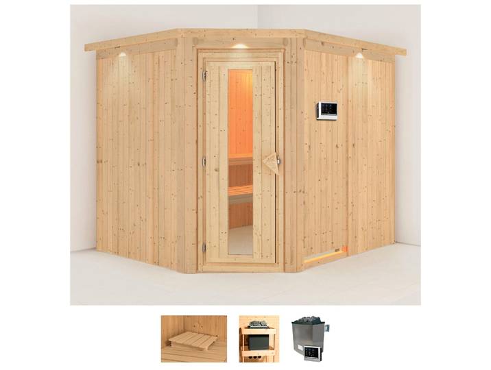 Sauna KARIBU Marit , beige (naturbelassen), Saunaofen, externe Steuerung, 9 kW, Saunen, Sauna, Ofen 9 KW externe Strg easy