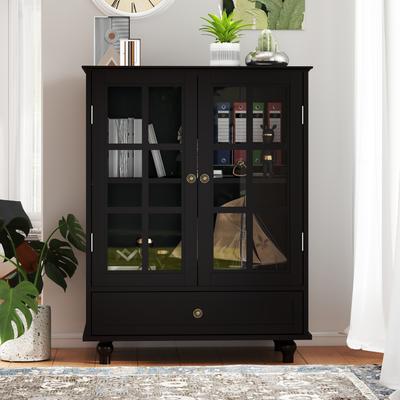 GDFStudio - Lillian Modern Wood Buffet Sideboard Cabinet with Adjustable Shelves, Tempered Glass Doors & Solid Wood Legs