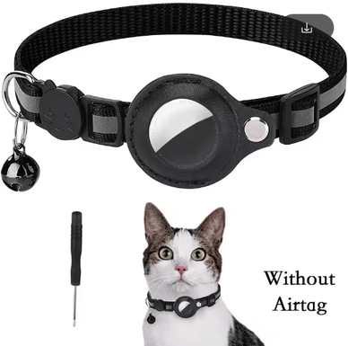 Inspire Picks Reflective AirTag Cat Collar Anti Lost GPS Tracker Holder With Bell black No Airtag