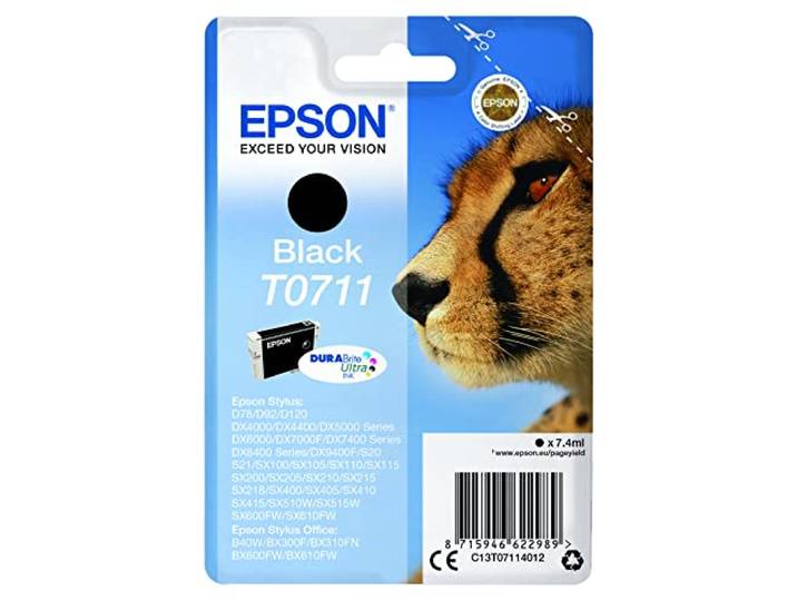 Epson T0711 Guépard Noir\, Cartouche d'encre d'origine\, D78 D120 DX4000 DX5000 DX6000 DX7400 DX8400 DX9400F S20 S21 SX100 SX105 SX110 SX200 SX210 SX215 SX400 SX410 SX510W SX600FW BX300F B40W BX600FW