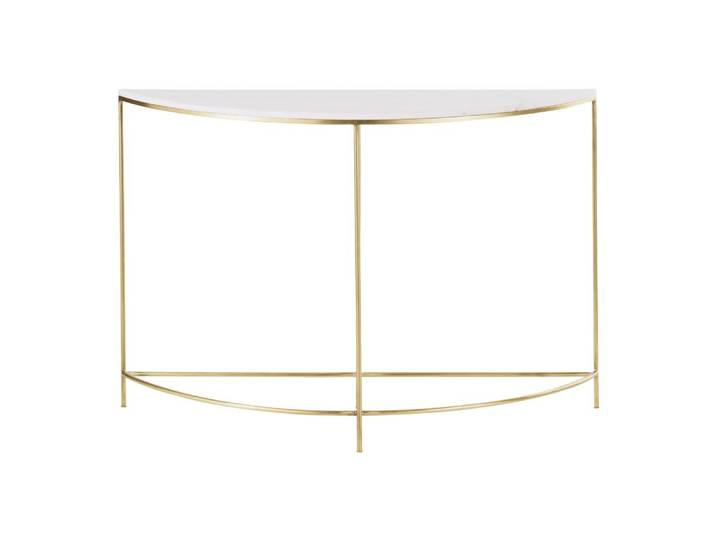 Console arrondie en acier coloris laiton et marbre blanc