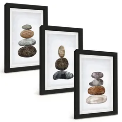 BILDER SET 3er Set - 20x30 cm Schwarzer Rahmen - Minimalistische Boho-Steine