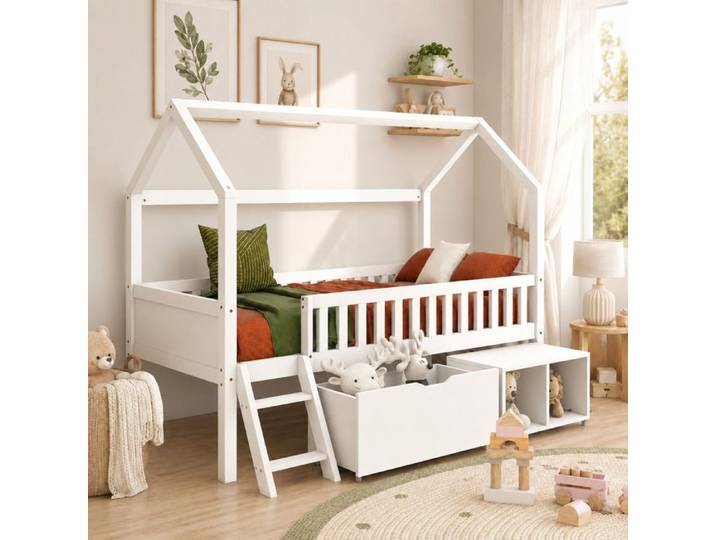 LEMONMAX Lit Cabane Lit Enfant 90x200 cm avec Tiroirs Compartiments de Rangement et Barrière Anti-chute Bois Massif Blanc