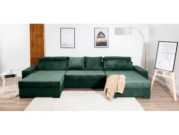 Wohnlandschaft COLLECTION AB Josy XXXL-Relax U-Form, B: 352 cm , grün (flaschengrün, flaschengrün), B:352cm H:41cm T:161cm, 100%Polyester, Sofas, Wohnlandschaft, Schlaffunktion, Bettkasten & 2 Nackenkissen, Federkern