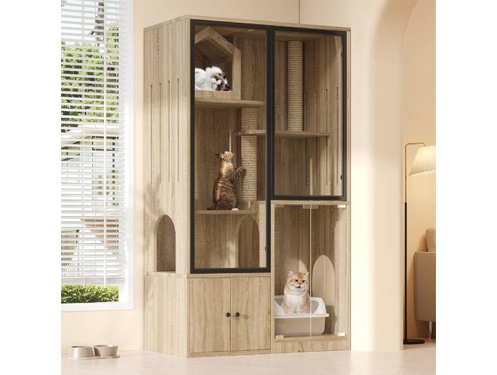 Cage pour chat, villa pour chat, maison pour chat en verre, grande clôture pour chat à quatre étages, maison pour petits animaux résistante à l'hiver, avec poteaux à gratter