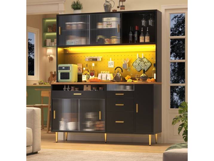 Vitrine -LEYTN-145×24×171 cm armoire haute de séjour avec 4 tiroirs meuble de rangement éclairage LED - Noir