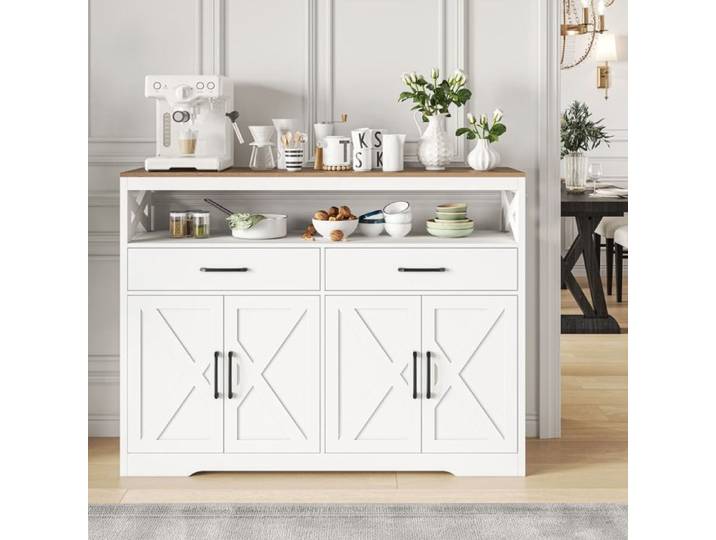 Buffet 140cm Blanc et Bois Enfilade avec 2 Tiroirs et 2 Portes Meuble de Rangement pour Salle à Manger
