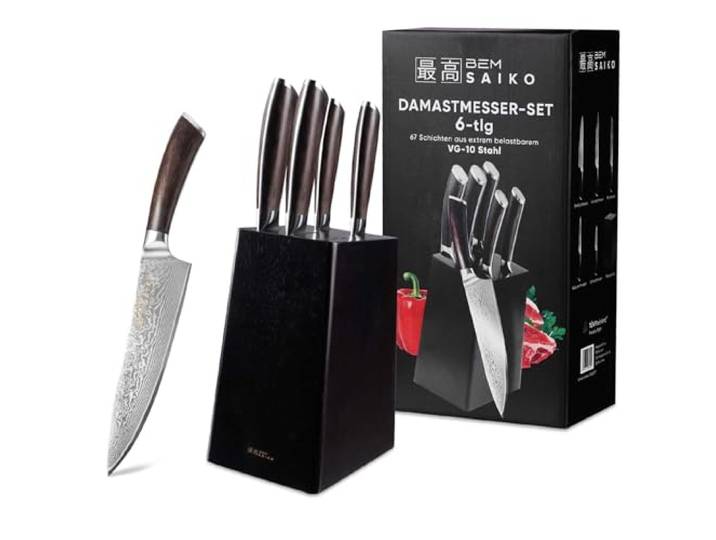 BEM Saiko 6-tlg. Damastmesser Japanisches Messerset VG-10 Stahl Messerblock Damast Knife Set mit Damaskus Messer inkl. Kochmesser, Gemüsemesser, Allzweckmesser, Brotmesser, Tranchiermesser