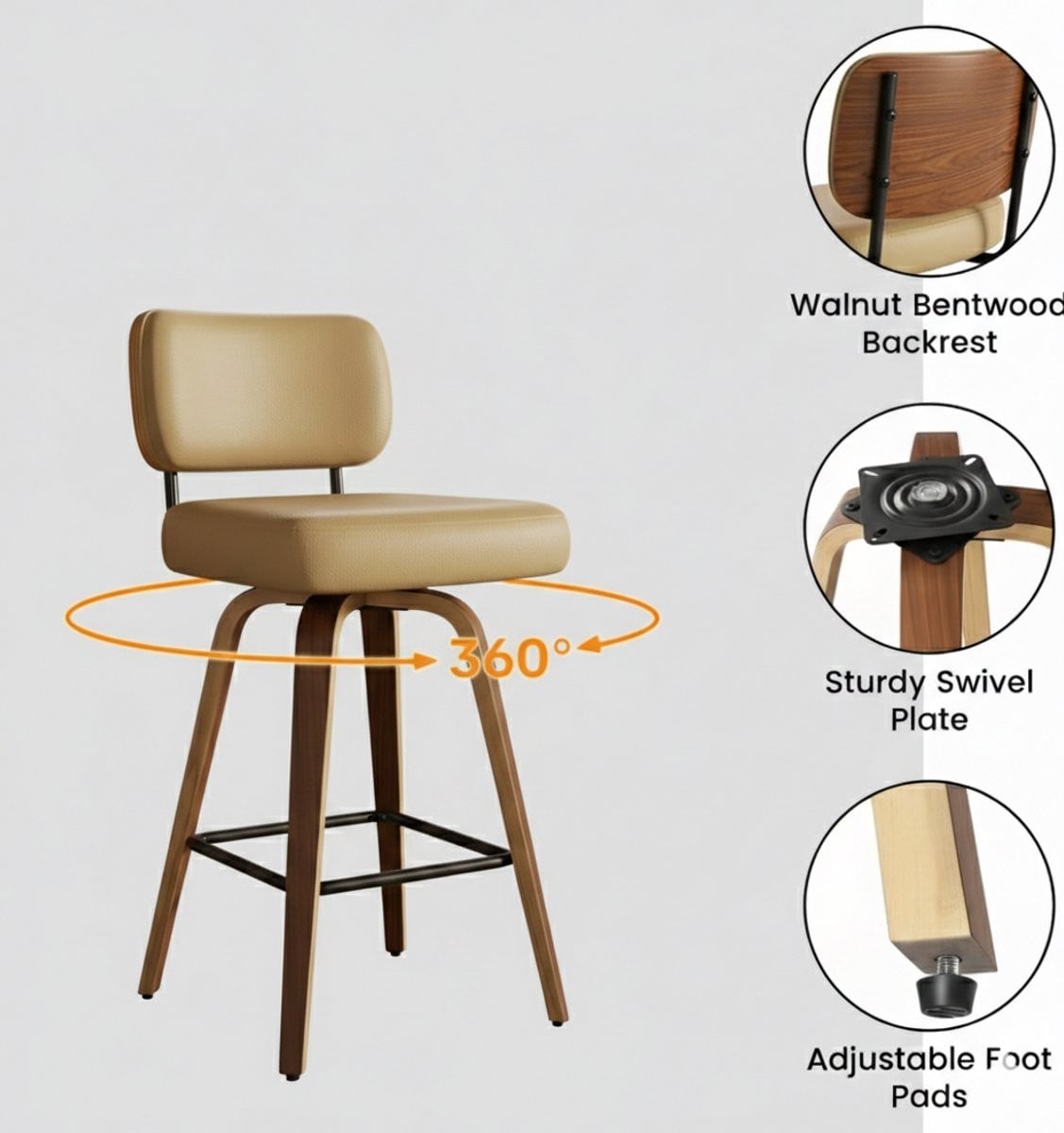 Set van 2 House&Garden Luxe Mid-Century Barkrukken met Rugleuning, Kaki, Zithoogte: 65 cm