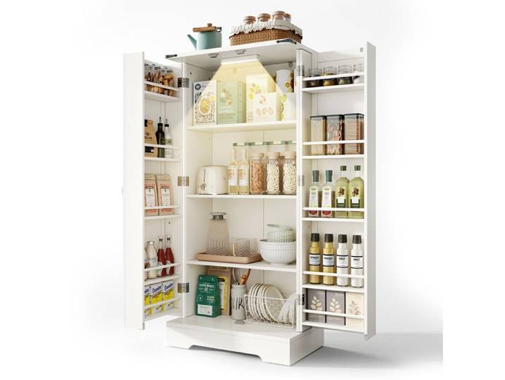 Armoire Buffet de Cuisine Garde-Manger avec Étagères Réglables et Éclairage LED Meuble Rangement pour Salle à Manger Salon Blanc