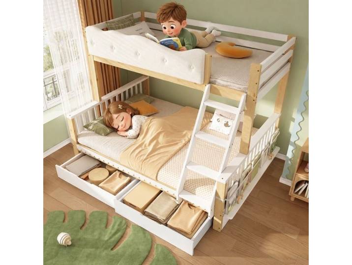 Lit superposé pour 2 enfants 90x200/140x200cm avec garde-corps en nuage tiroirs et porte-revues lit familial en bois blanc+chêne