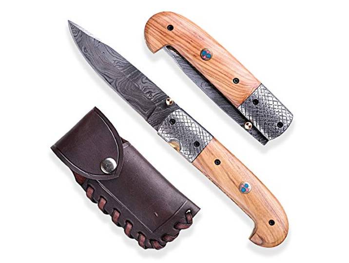DELLINGER Olive Sentinell & Damast Taschenmesser & Klappmesser & Damaststahl Messer & Outdoor Damastmesser Folder Knife 9,5cm Klinge
