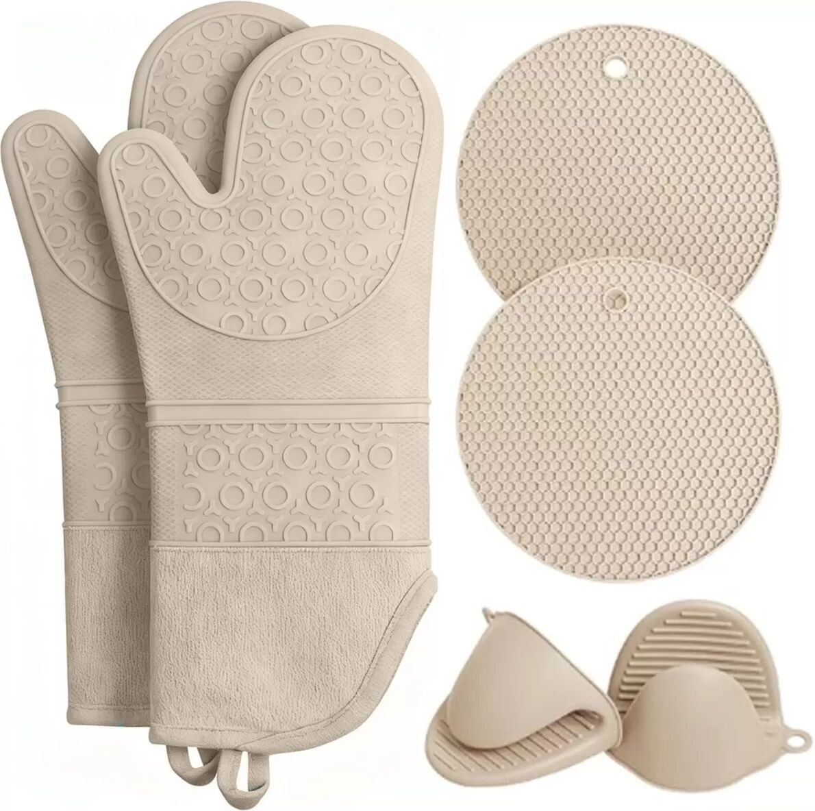 INF 6-teiliges Silikon-Backhandschuh-Set: Hitzebeständige Ofenhandschuhe, Küchenutensilien Beige