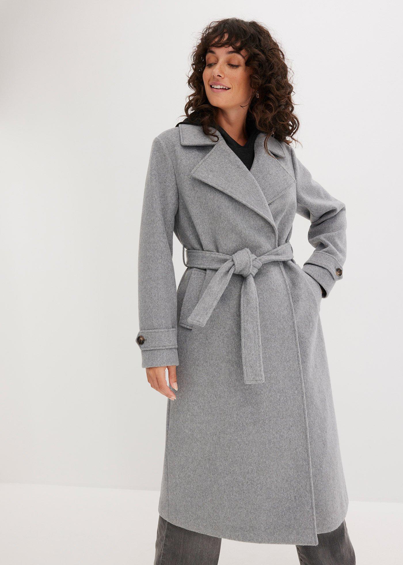 bonprix Mantel in Wolloptik, grau, Gr.42, Elegante Jacke mit Bindegürtel
