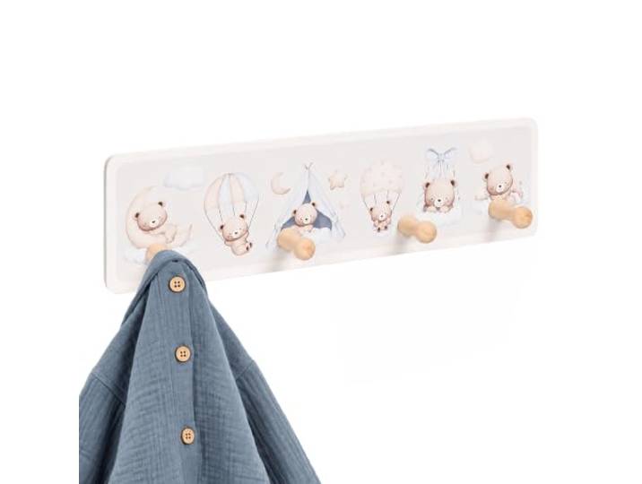 Relaxdays Porte-Manteau Enfant 4 Crochets\, Naturel/Blanc motif ours lune nuage\, MDF pin\, 10x38x5\,5cm