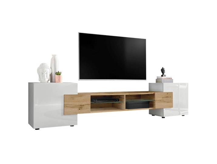 Komodee Lowboard Merano Weiß, Weiß, Eiche Wotan, Weiß, 4 Fächer, Rechteckig, 230x52.5x35 cm, Wohnzimmer, TV Möbel, Lowboards, Lowboards stehend