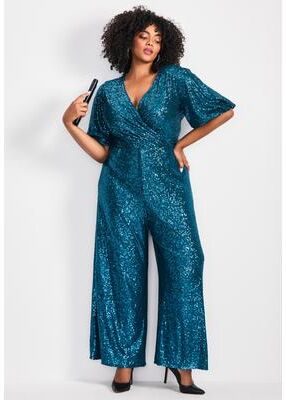 Plus Size Women's Nada Sequin Puff Sleeve Jumpsuit by Avenue in Emerald (Size 18)