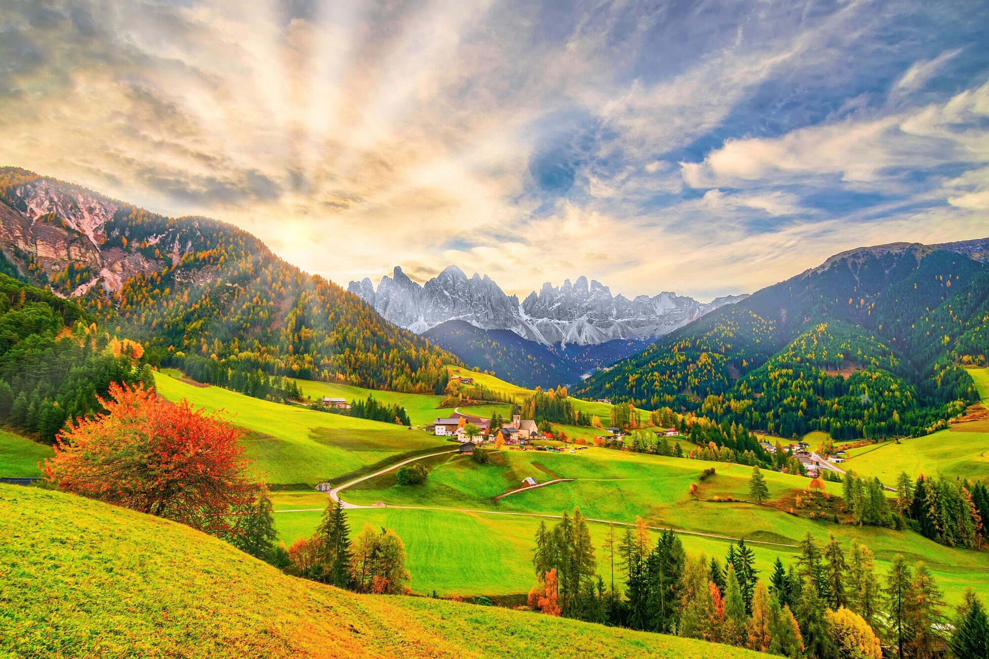 Fototapete PAPERMOON "SANTA MADDALENA-BERG DORF DOLOMITEN WIESE BLUMEN ALPEN", bunt, B:2,5m L:1,86m, Vlies, Tapeten, Fototapete bunt B/L: 2,5m x 1,86m, Bahnen: 5 Stk.