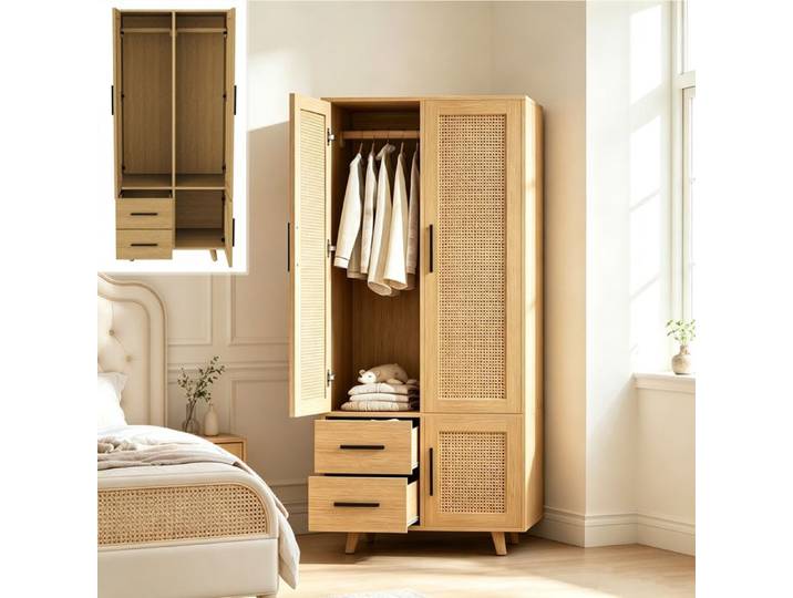 Armoire Armoire Chambre en Rotin Armoire de rangement 3 Portes et 2 Tiroirs tringle à vêtements 80 x 52 x 166 cm