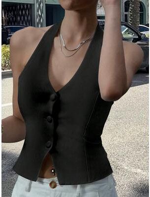 Daily Discovery Black Halter Button Vest Crop Top For Women xxl