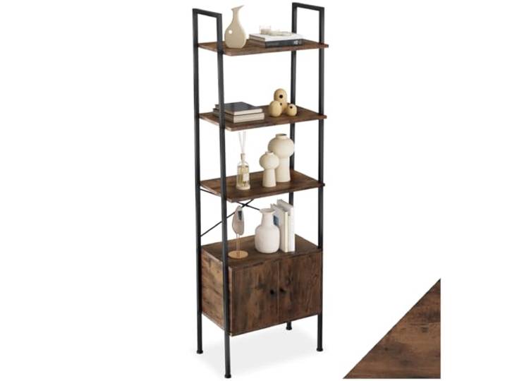 tectake® Industrial Leiterregal mit 4 Ebenen + Schrankfach, Regal schmal 57,5x34x173cm, Bücherregal Wand, als Raumteiler Regal, Küchenregal Wand, Nischenregal, Bookshelf - Industrial Dunkelbraun