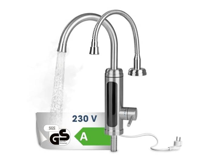 MAXXMEE Elektrische Edelstahl Armatur plus integrierter Durchlauferhitzer Wasserhahn mit Heizspirale & LED Temperaturanzeige 2 wechselbare Wasserhähne über 60 °C warmes Wasser ohne Vorheizen